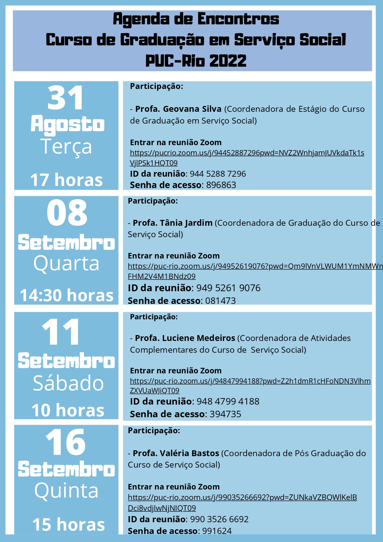 Agenda de encontros online - Vestibular 2022 - Serviço Social