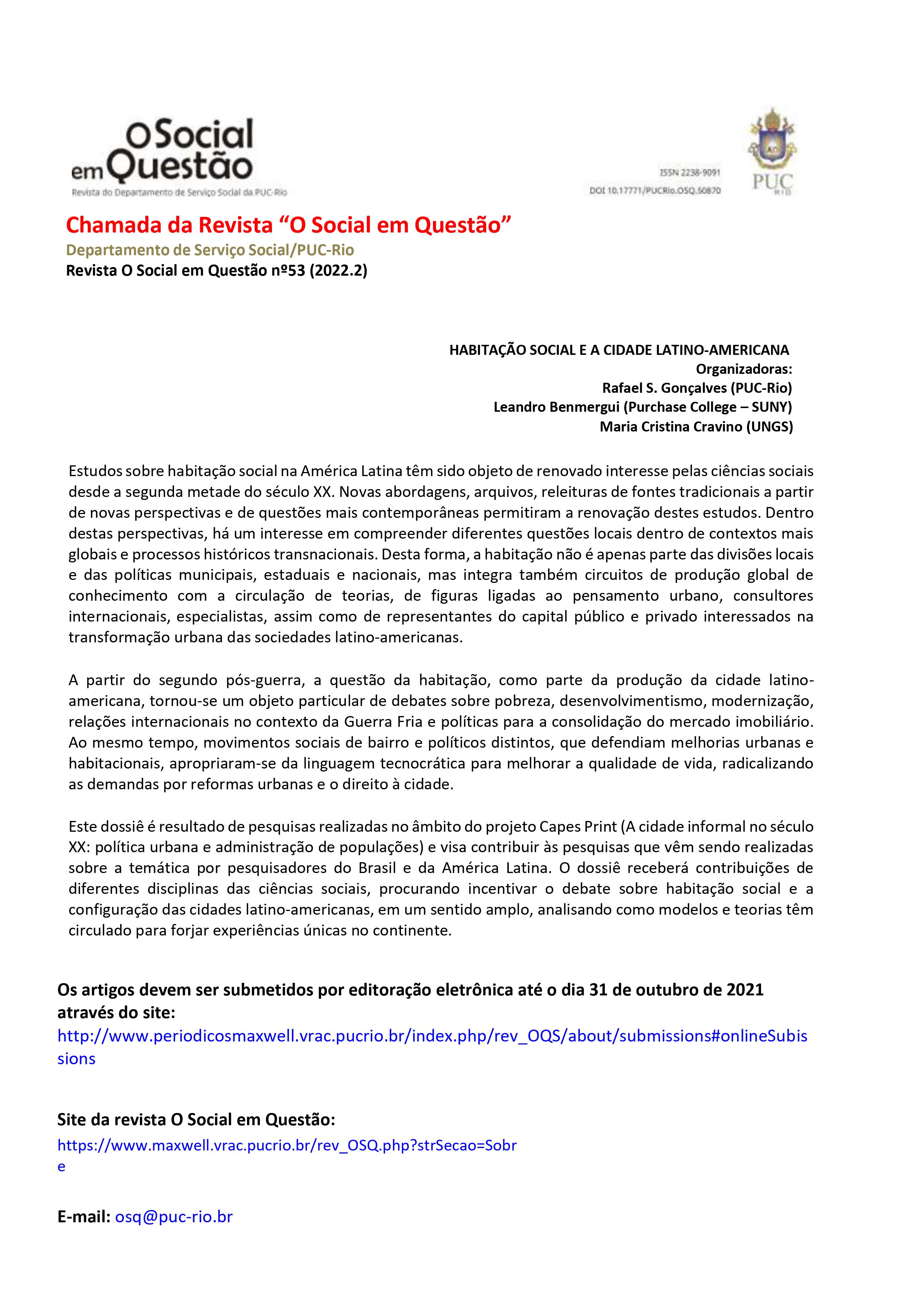 Chamada da Revista “O Social em Questão” nº53 (2022.2)